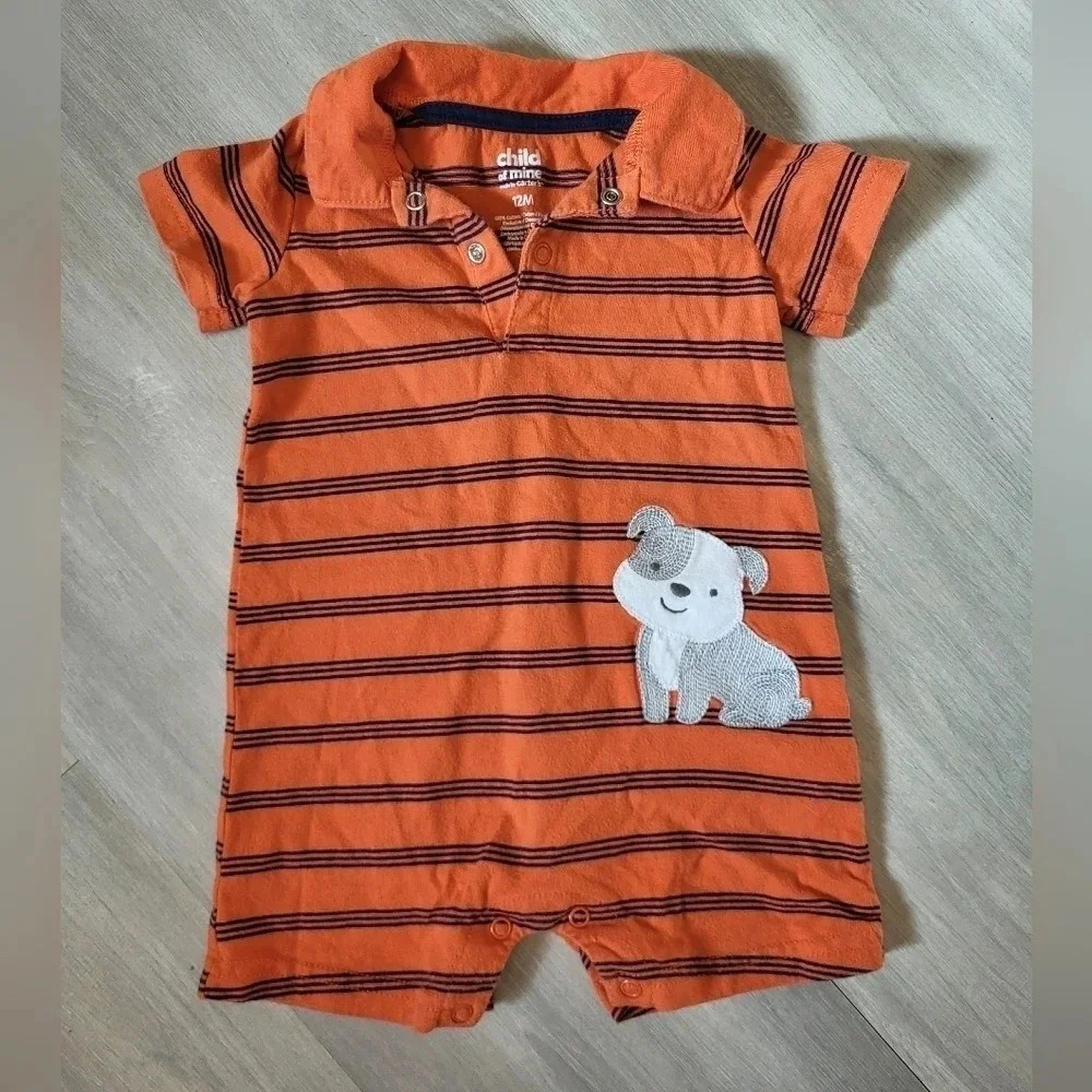 Child of Mine by Carters Orange‎ Striped Dog Romper Size 12M